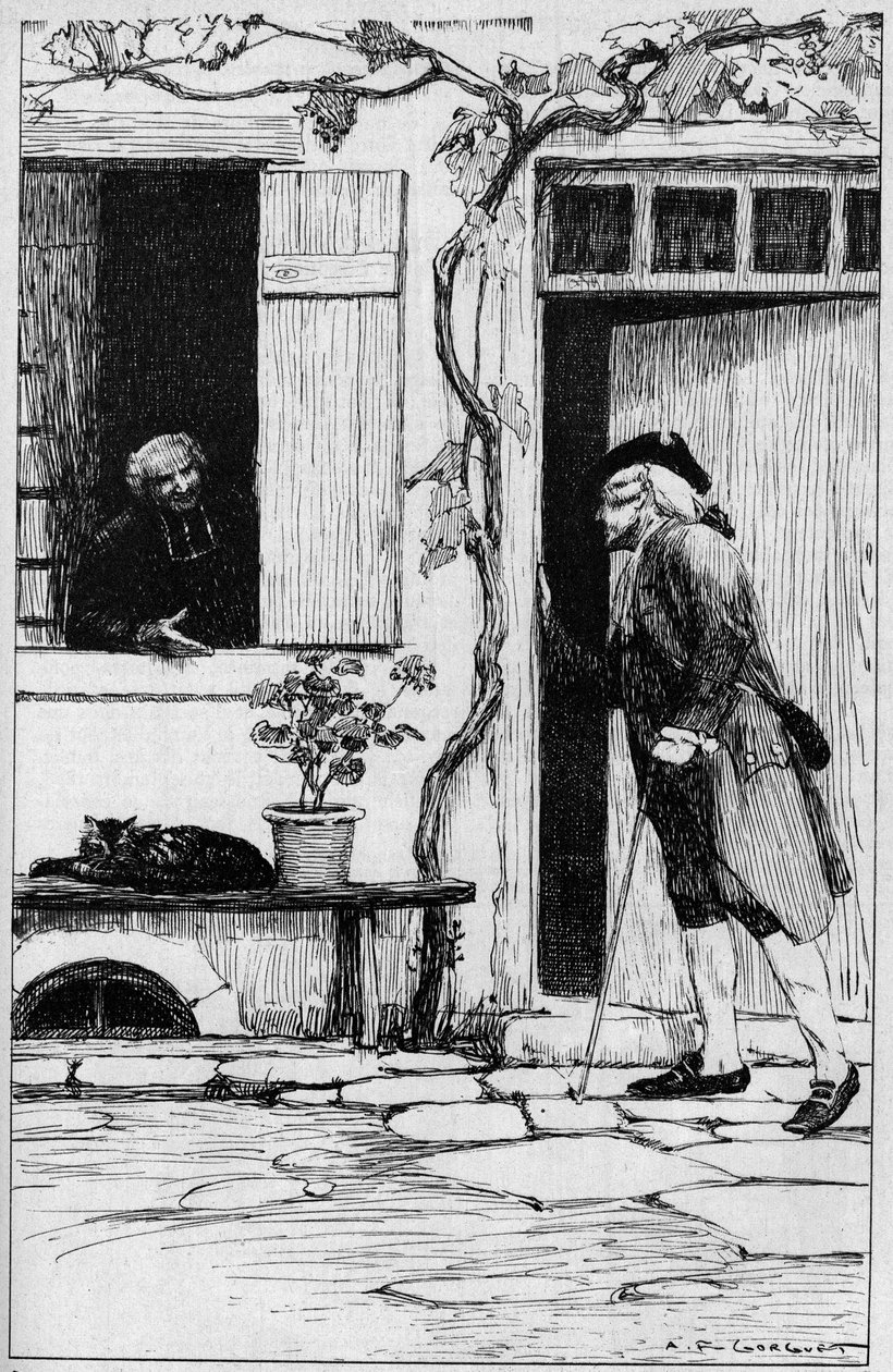 Ermenonvillen kylän seurakunta kutsuu filosofi Jean Jacques Rousseaun (1712-1778) presbyteriinsä. Oise (60). Kuvitus Auguste Francois Gorguet (1862-1927) tekijältä Auguste Francois Gorguet