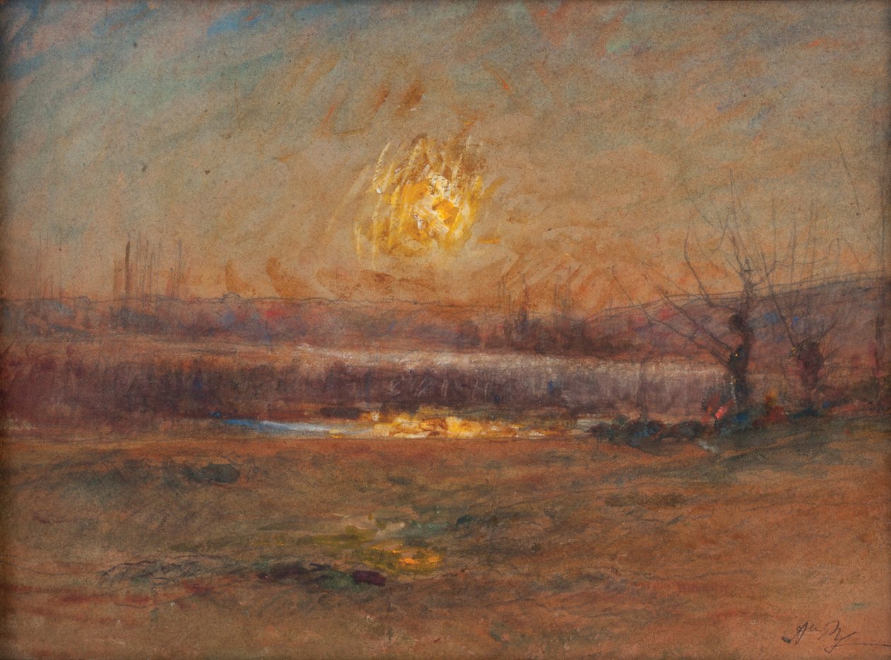 Auringonlasku lammella maaseudulla tekijältä Auguste Francois Ravier