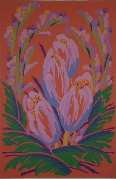 Kukkakuviointiaihe julkaisusta "Formes et couleurs: kaksikymmentä värilevyä, joissa on kuusikymmentäseitsemän koriste-aihetta", julkaisija A. Levy, Librarie Centrale des Beaux-Arts, Paris tekijältä Auguste H. Thomas