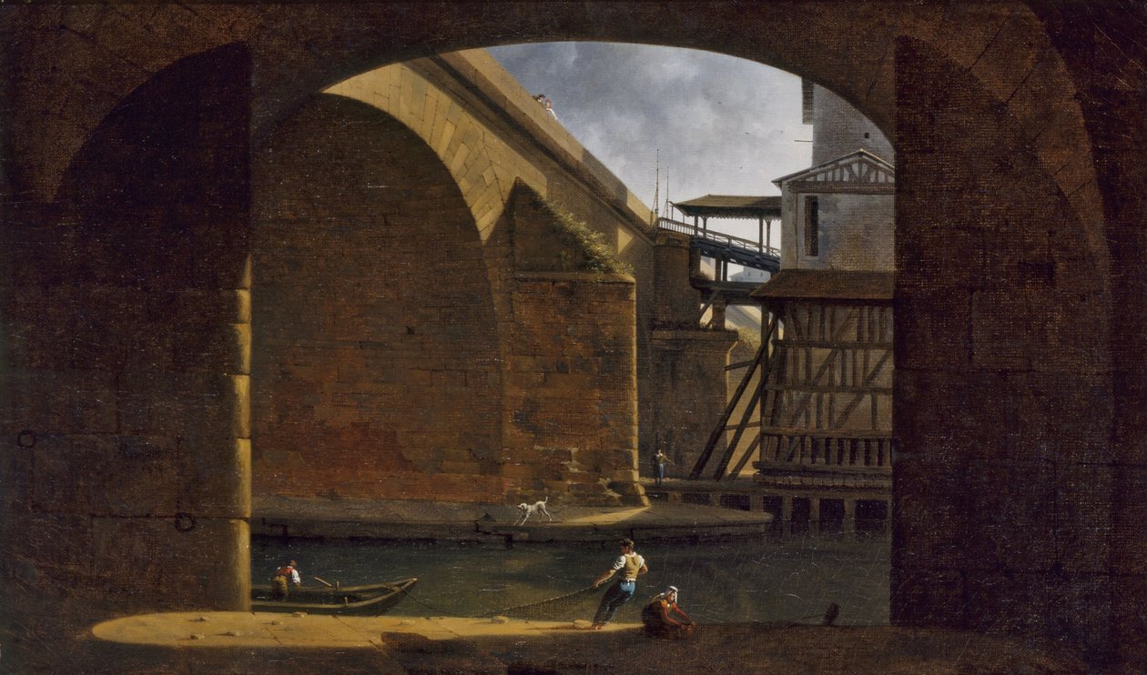 Notre-Damen silta ja pumppu holvikatolta Quai de Gesvresiltä katsottuna, 1816 (öljy kankaalle). tekijältä Auguste Jacques Regnier