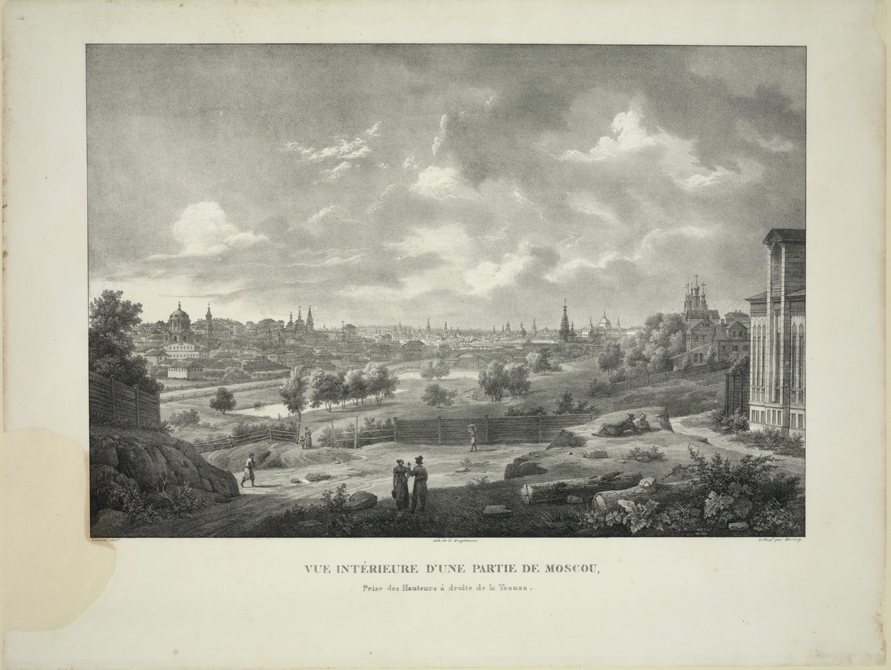 Yauza-joen yli Moskovassa, n. 1830 tekijältä Auguste Jean Baptiste Antoine Cadolle