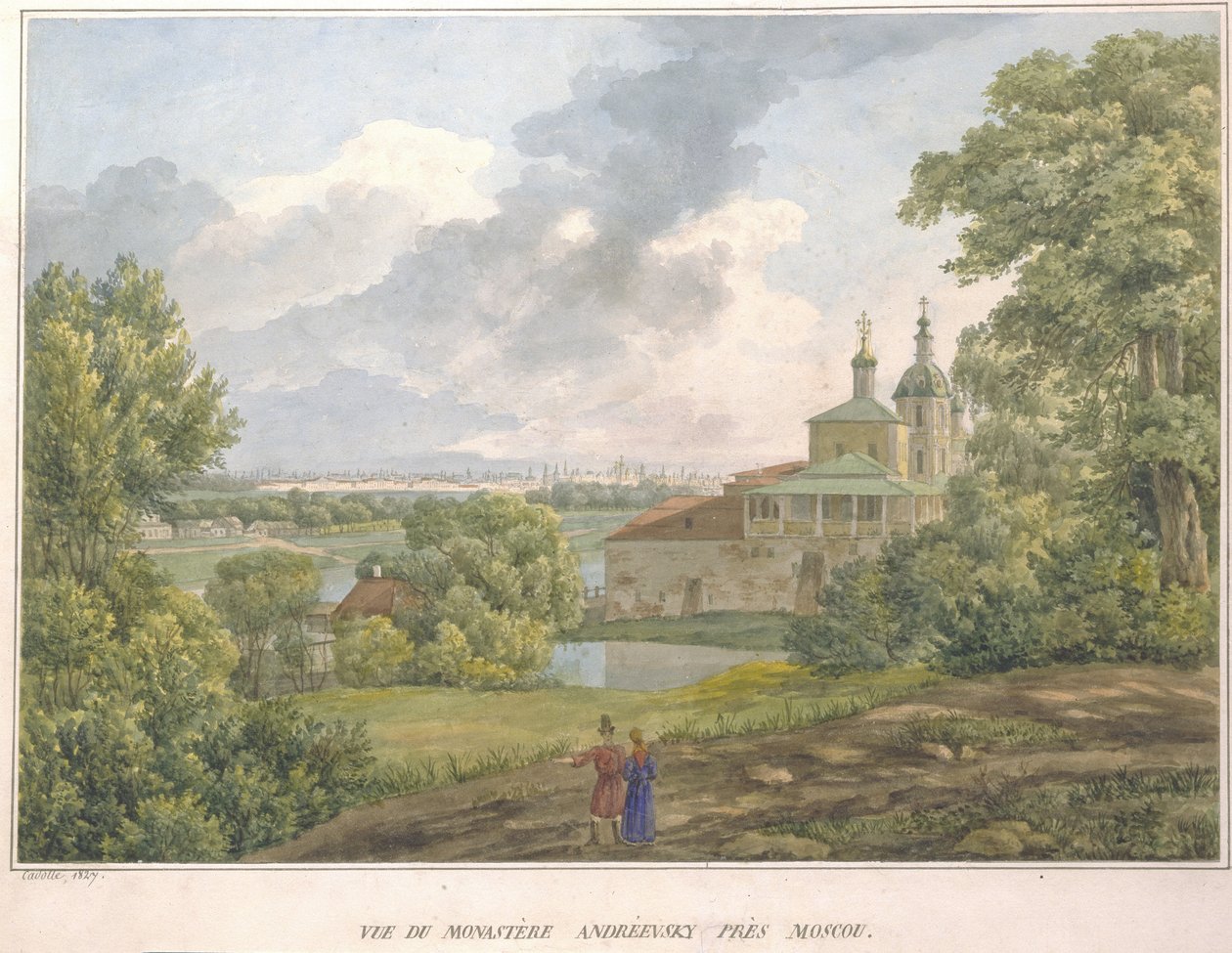 Näkymä Moskovaan Sparrow Hillsiltä. Andrejevskin luostari, 1827 tekijältä Auguste Jean Baptiste Antoine Cadolle