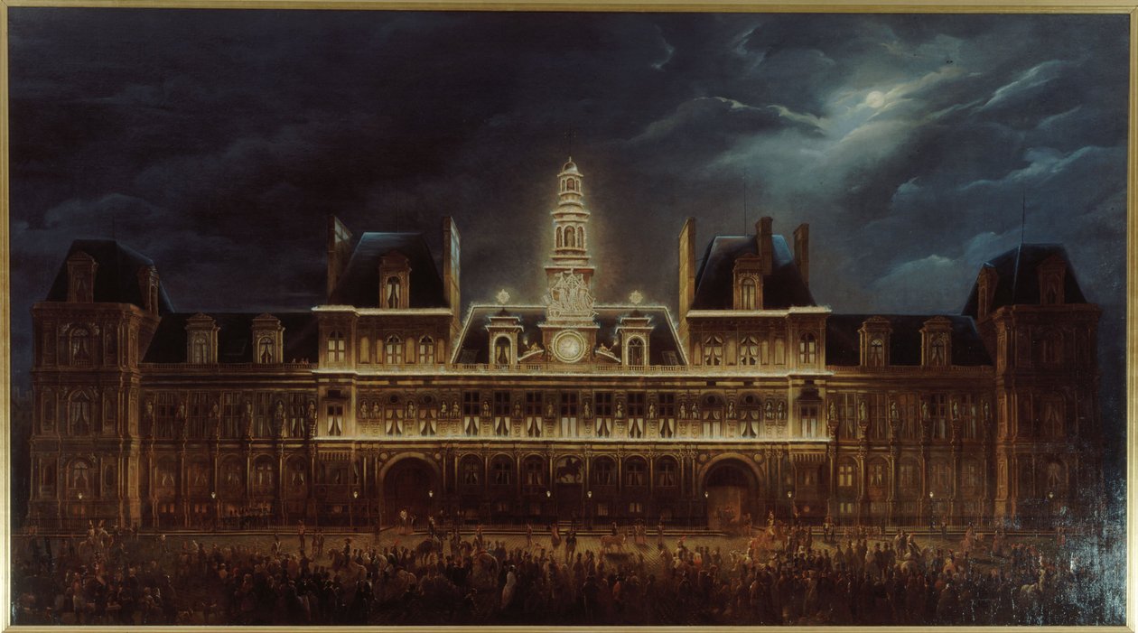 Hôtel de Villen valaistus kuninkaanpäivänä 1. toukokuuta. tekijältä Auguste Jean Simon Roux