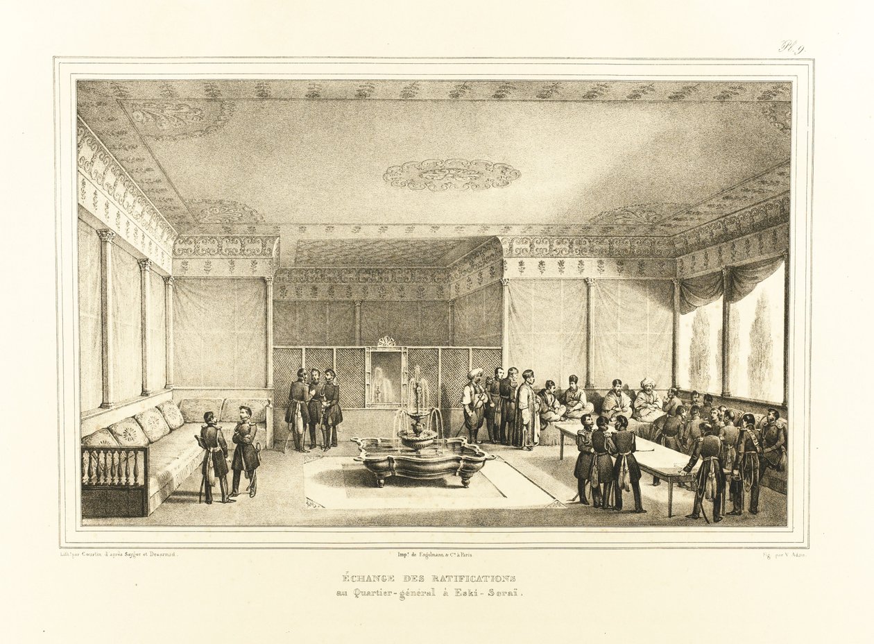 Adrianopolin sopimuksen allekirjoittaminen Edirnen vanhassa palatsissa 1834 tekijältä Auguste Joseph Desarnod