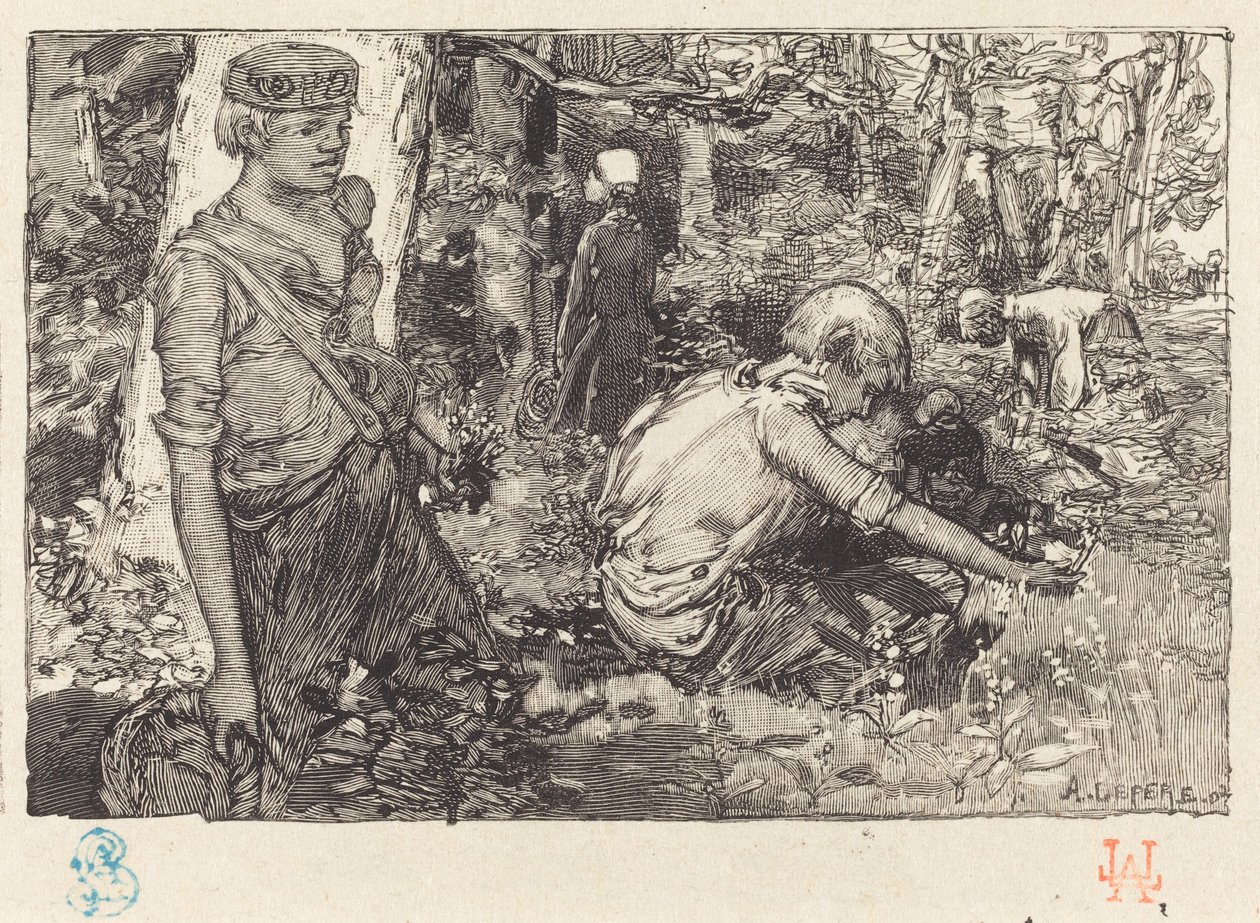 Toukokuun liljan kokoontuminen (La cueillette du muguet) tekijältä Auguste Lepere