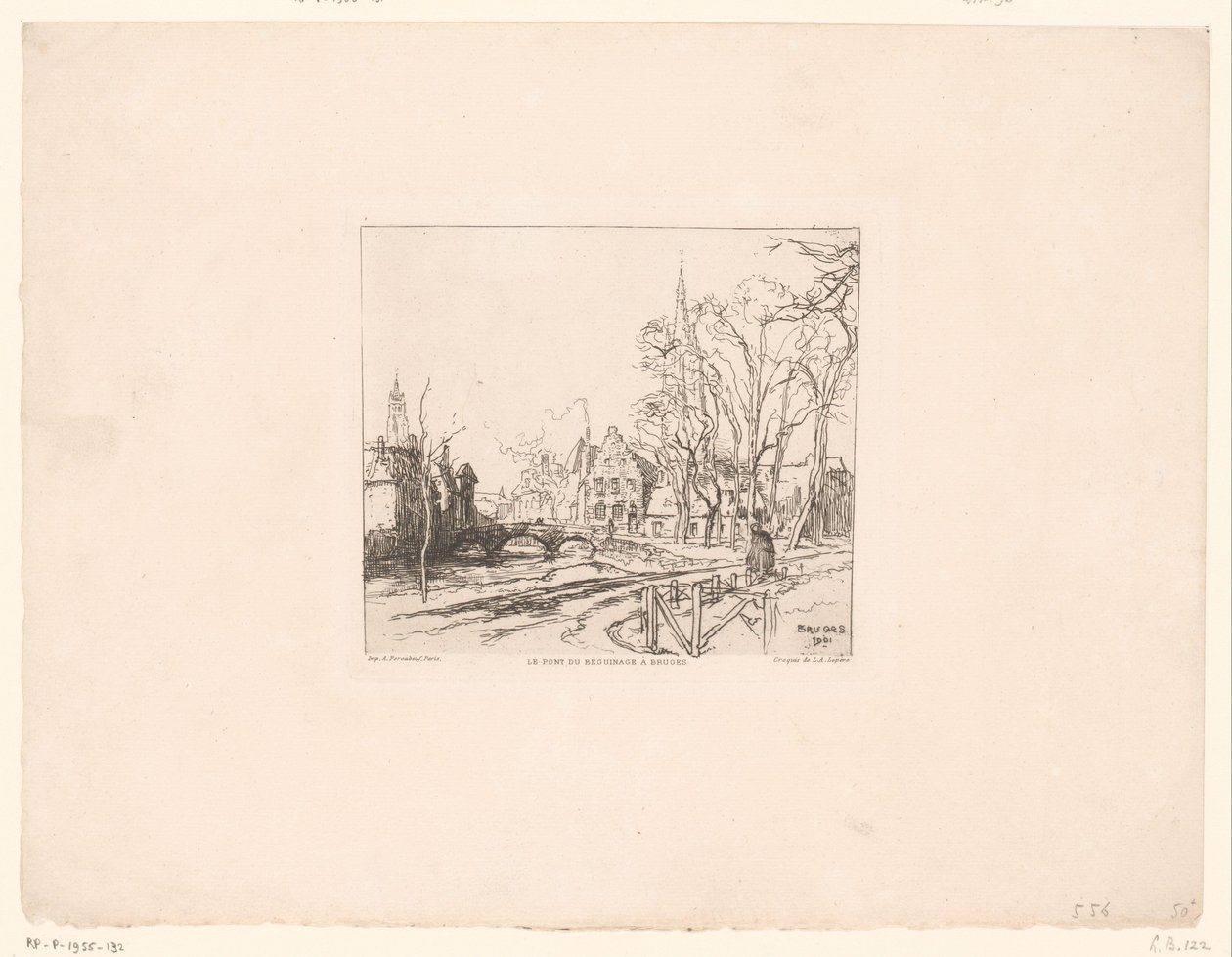 Näkymä Beguinagen sillalta Bruggessa Le pont du Beguinage à Bruges (otsikko esineessä) tekijältä Auguste Lepere