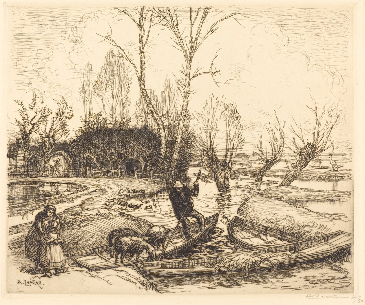 In the Deluged Marsh - Paimen (Au marais inonde - Le berger) tekijältä Auguste Lepere