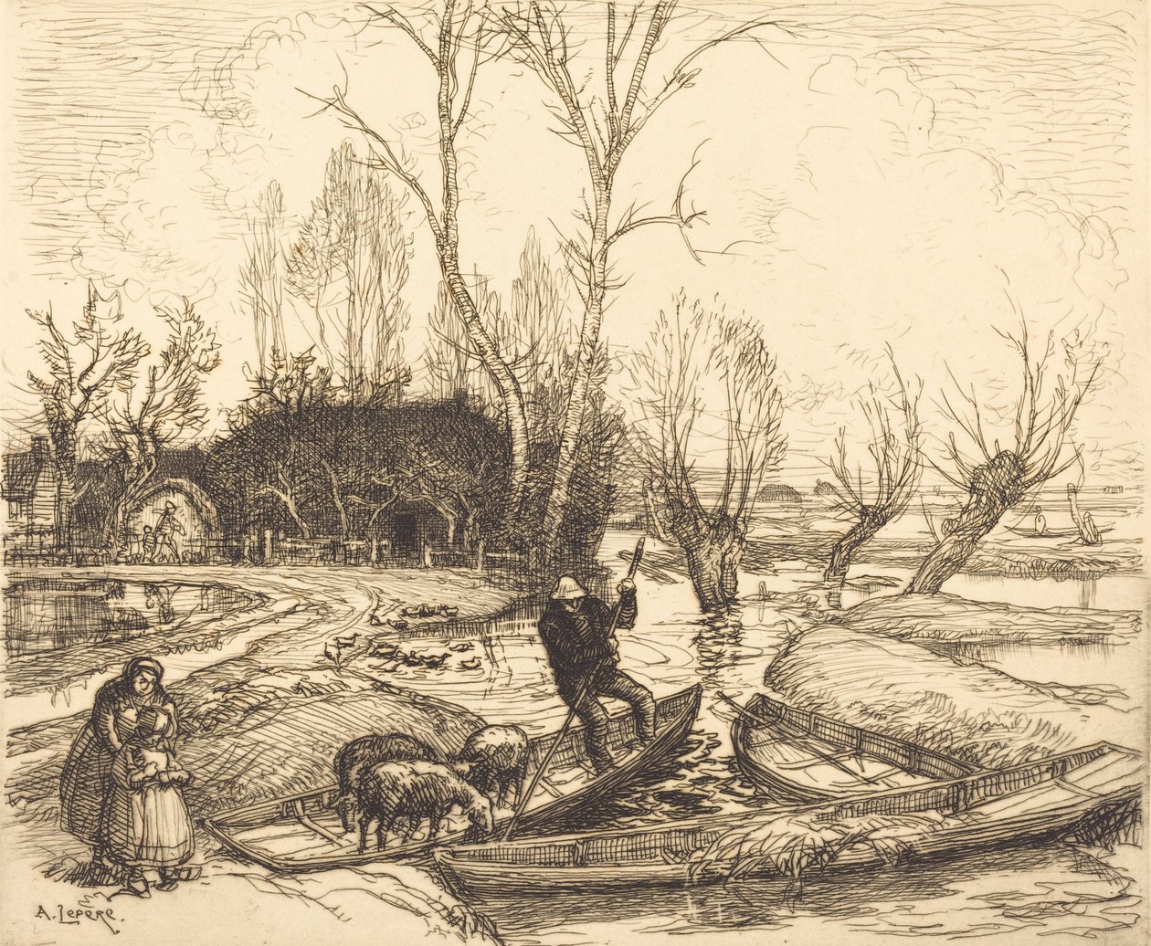 In the Deluged Marsh - Paimen Au marais inonde - Le berger, 1911. tekijältä Auguste Lepere