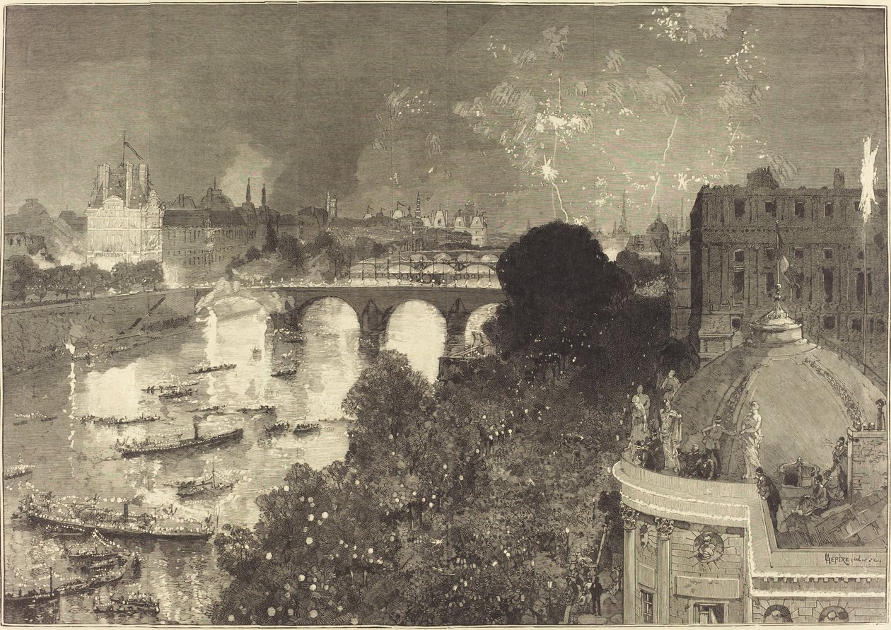 14. heinäkuuta. Seinen valaistus Pont Neufista Pont au Changeiin tekijältä Auguste Lepere
