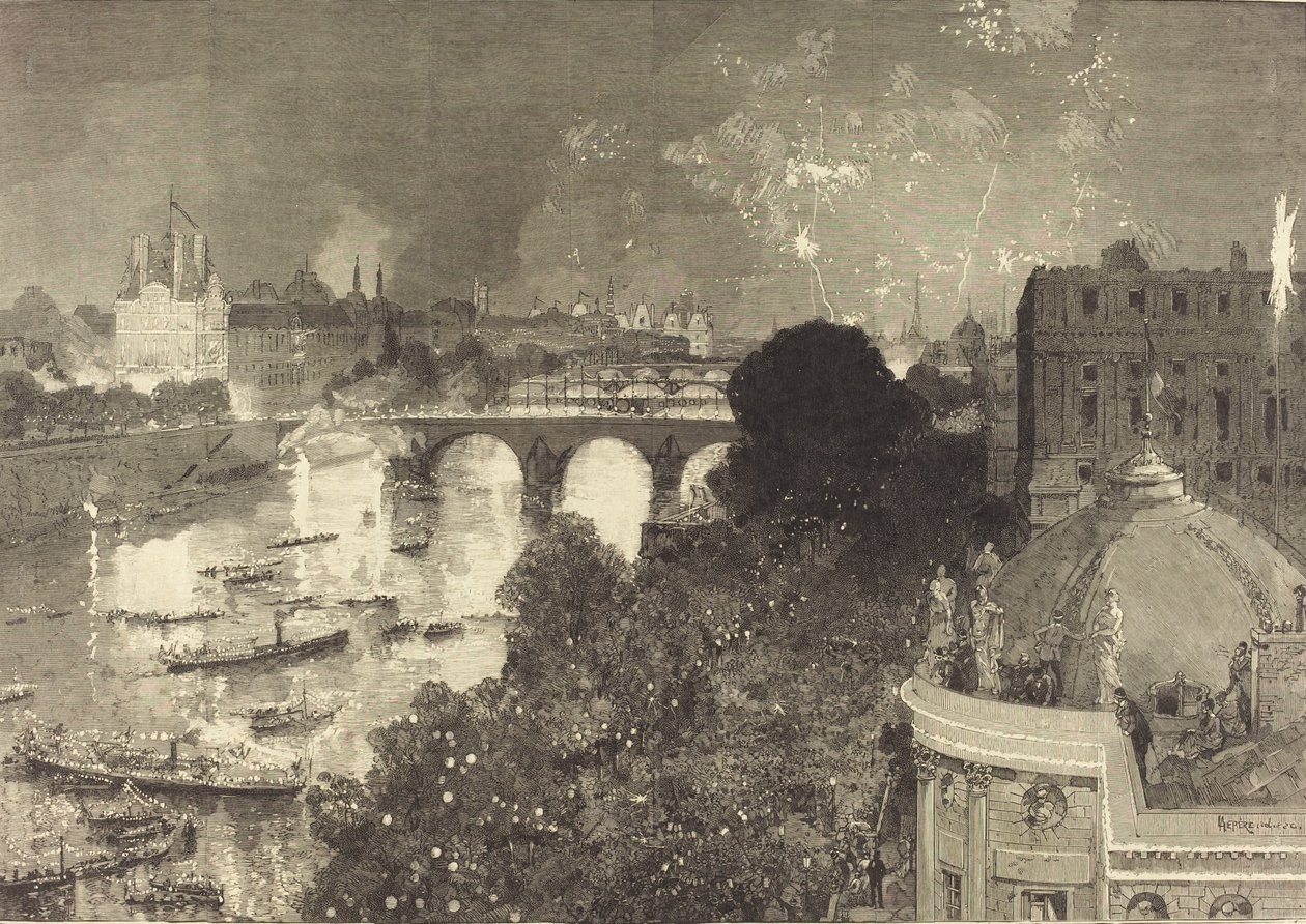 14. heinäkuuta. Seinen valaistus Pont Neufista Pont au Changeiin, 1882. tekijältä Auguste Lepere