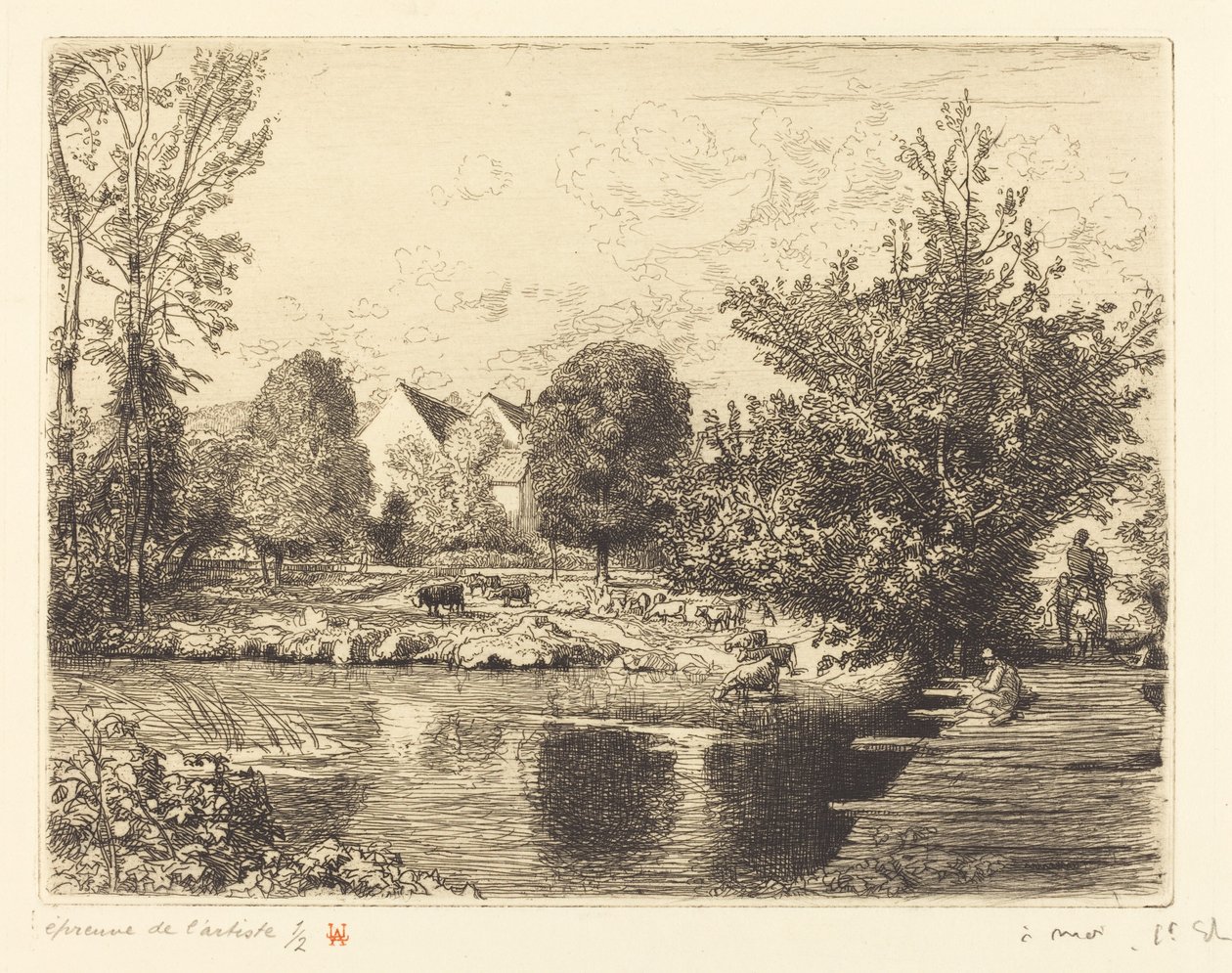 Vanha jalkasilta, Banks of the Small Morin (Vieille passerelle, bords du petit morin) tekijältä Auguste Lepere
