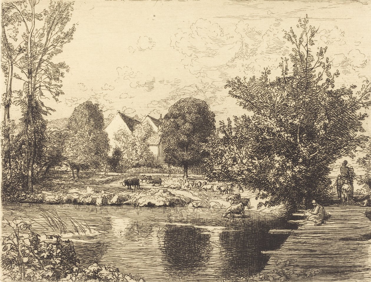 Vanha jalkasilta, Banks of the Small Morin Vieille passerelle, bords du petit morin, 1915. tekijältä Auguste Lepere