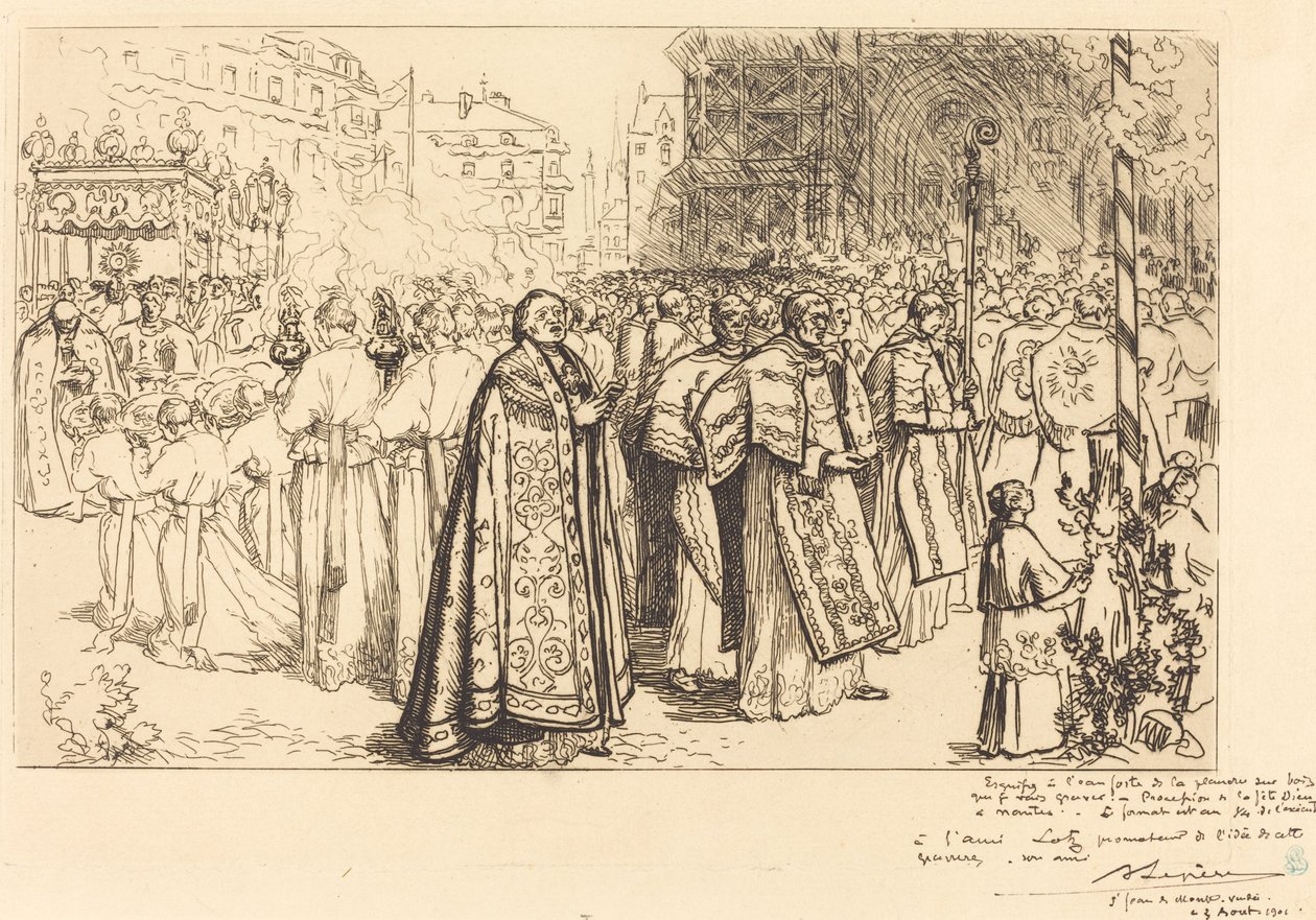 Kulkueen paluu Nanten katedraaliin (Rentree de la Procession a la Cathedral de Nantes) tekijältä Auguste Lepere
