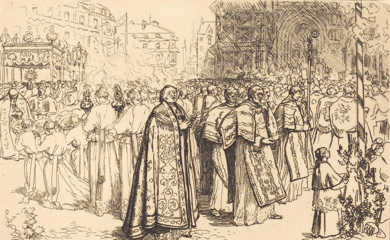 Kulkueen paluu Nanten katedraaliin Rentree de la Procession a la Cathedral de Nantes, 190 tekijältä Auguste Lepere