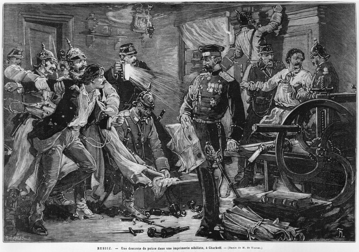 Venäjän poliisi löytää nihilistien kirjapainon Charkoffissa, Le Monde Illustre -lehdestä, helmikuu 1881. tekijältä Auguste Louis Lepère