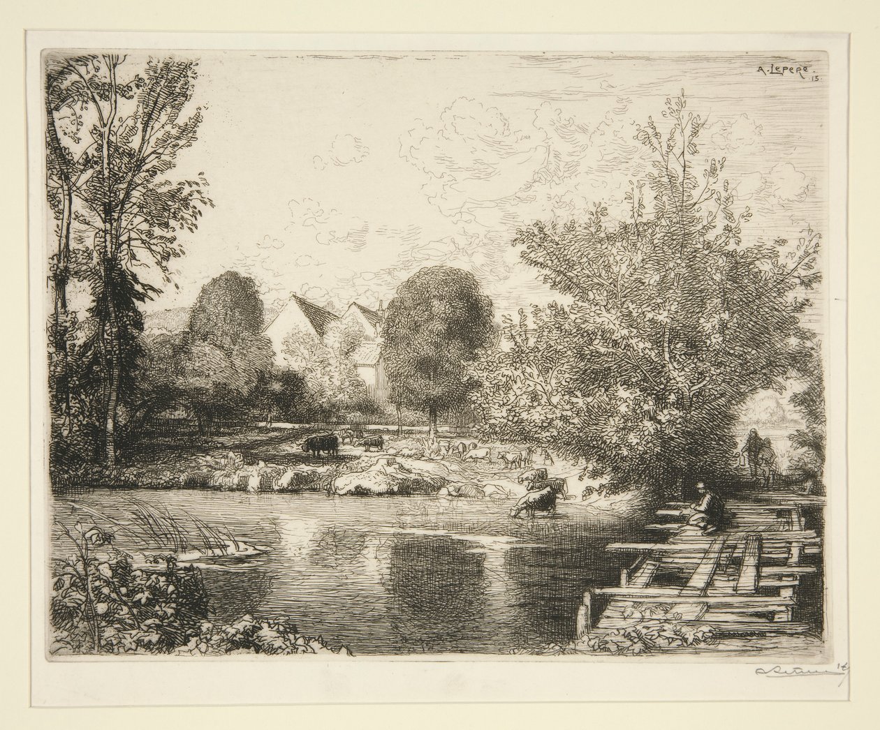 Vieille passerelle, bords du petit Morin (Vanha jalkasilta, Banks of the Small Morin) tekijältä Auguste Lepere