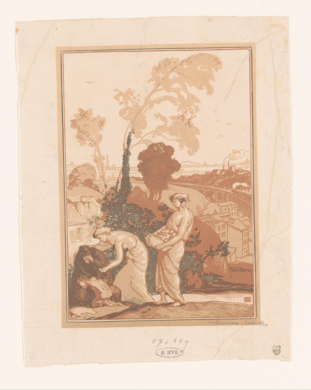 Musiikki ja runous auttavat taiteilijaa La Musique et la Poesie secourant les Artistes tekijältä Auguste Lepère (signed by artist)