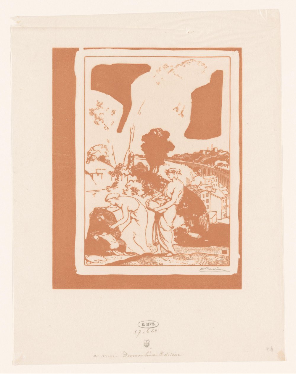 Musiikki ja runous auttavat taiteilijaa La Musique et la Poesie secourant les Artistes tekijältä Auguste Lepère (signed by artist)