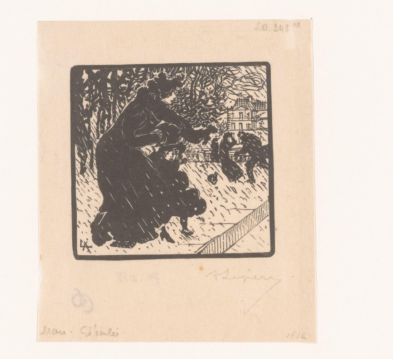 Nainen ja lapsi sadesuihkussa Giboulées Luxemburgissa Mars Giboulée (otsikko esineessä) Tammi-, helmi- ja maaliskuu 1894 (sarjan nimi) Janvier, Février et Mars 1894 (sarjan nimi) tekijältä Auguste Lepère (signed by artist)