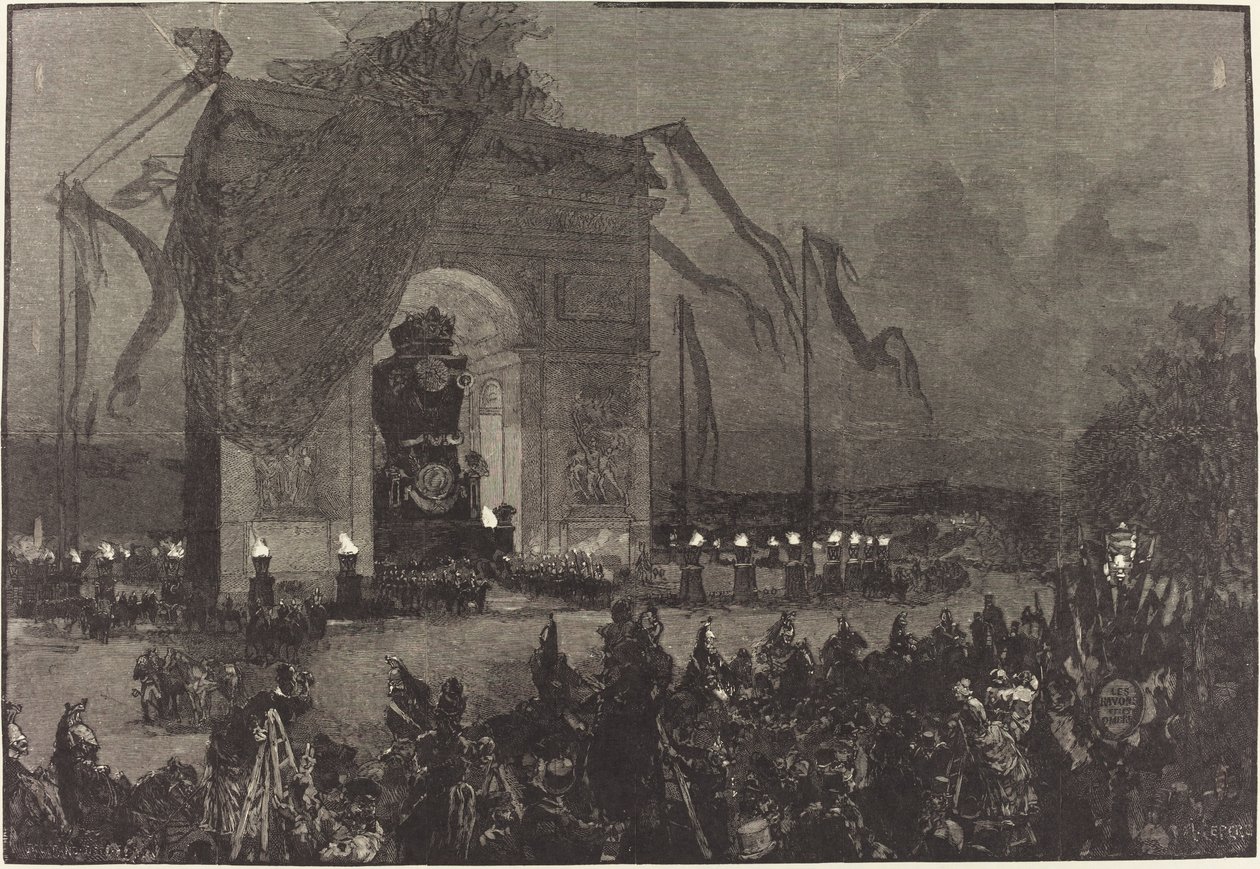 Victor Hugon hautajaiset. Vigilia tekijältä Auguste Lepère after Henri Louis Scott