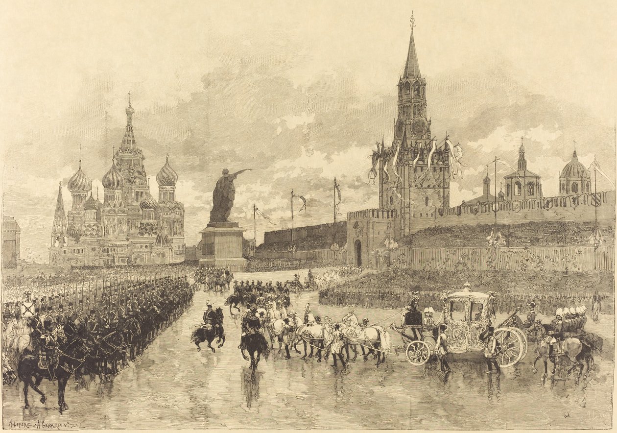 Tsaarin kruunaus. Imperial Cortège ylittää Place Royalen tekijältä Auguste Lepère and Auguste Gérardin