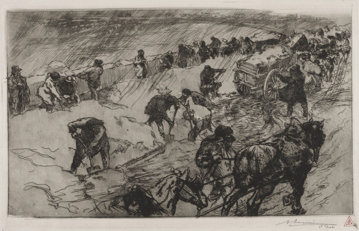 Taistele lunta vastaan, Quai aux Fleurs tekijältä Auguste Louis Lepère
