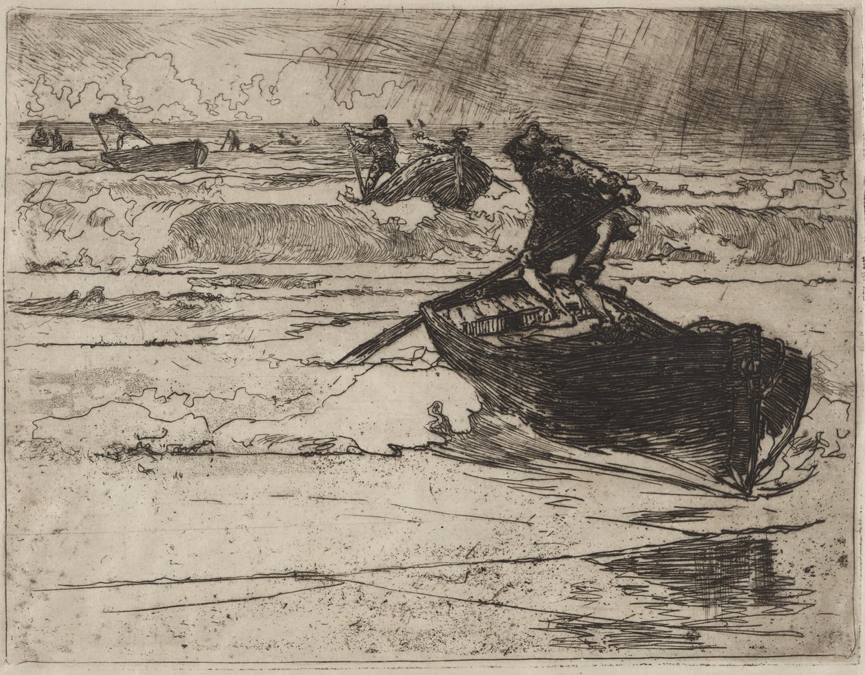 Kalastajat pakenevat ennen myrskyä tekijältä Auguste Louis Lepère