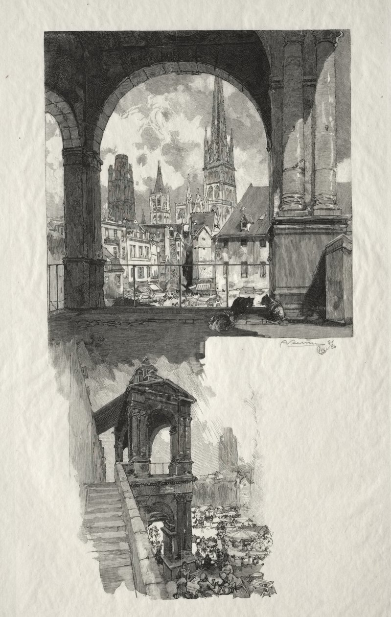 Kuvitettu Rouen: Place de la Haute Vieille Tour; Aedicule of Pride tekijältä Auguste Louis Lepère
