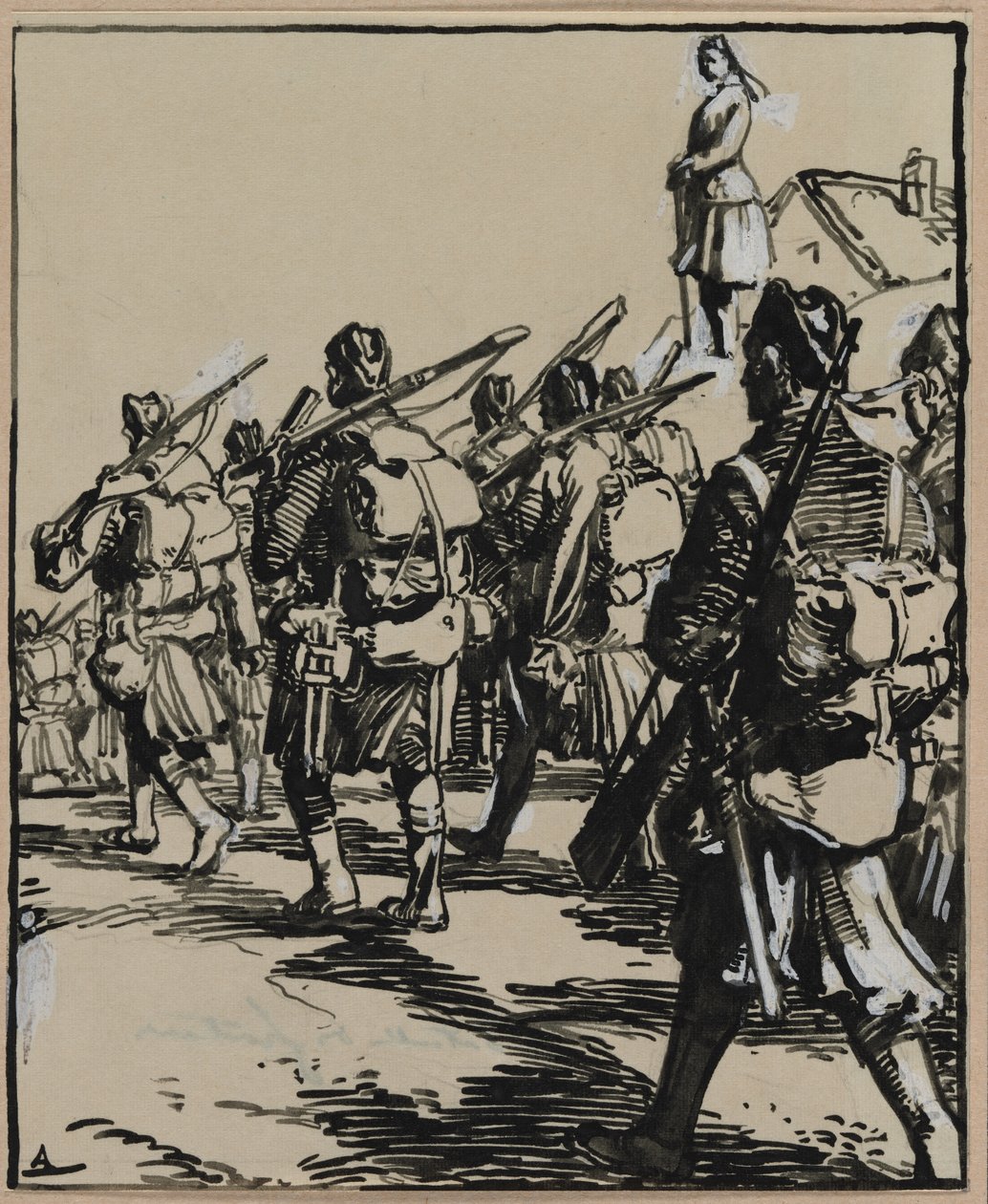 Rajataistelu: brittiläisten sotilaiden ryhmä, 1914. tekijältä Auguste Louis Lepère