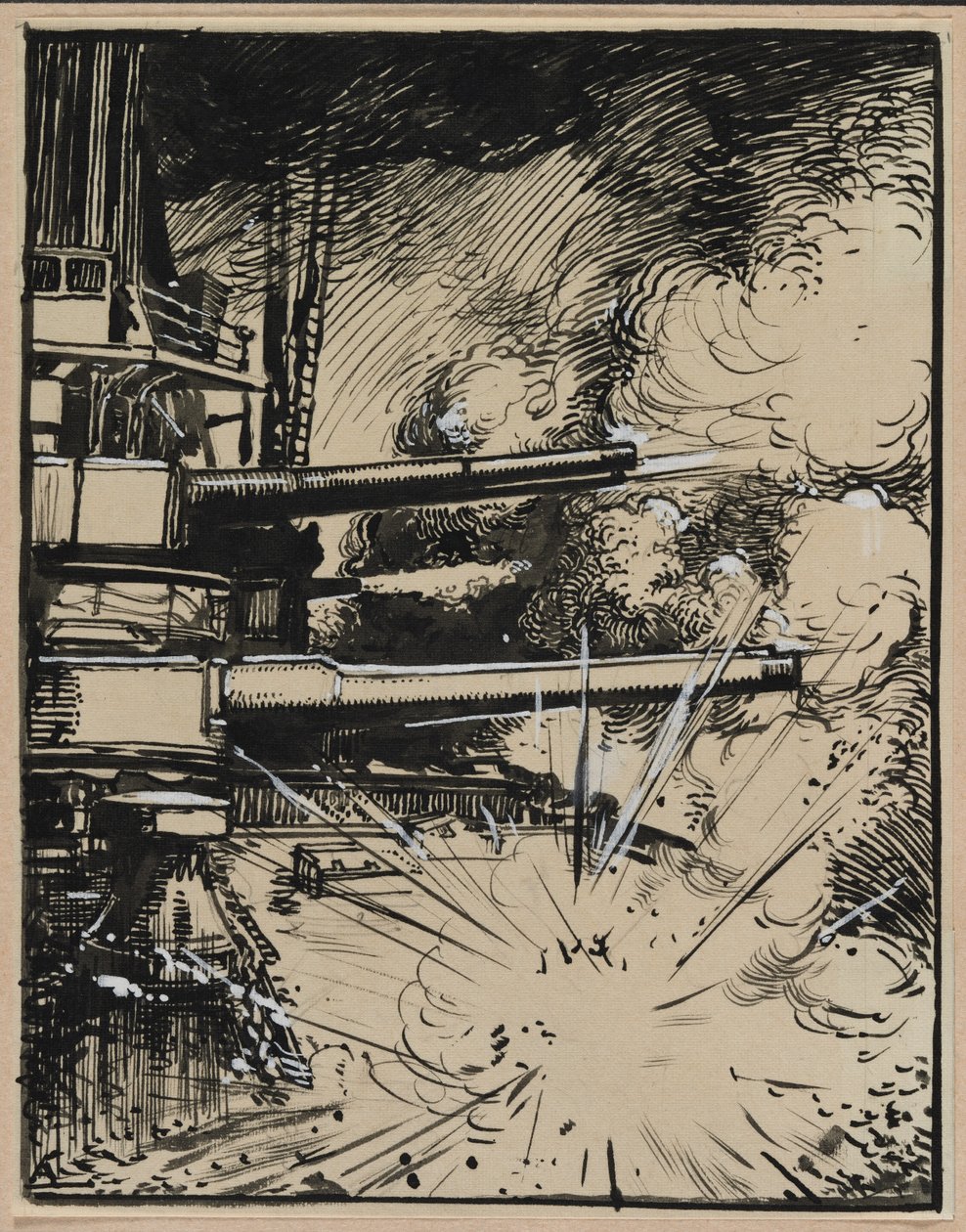 Pommi räjähtää pylväässä tykeillä, 1914. tekijältä Auguste Louis Lepère
