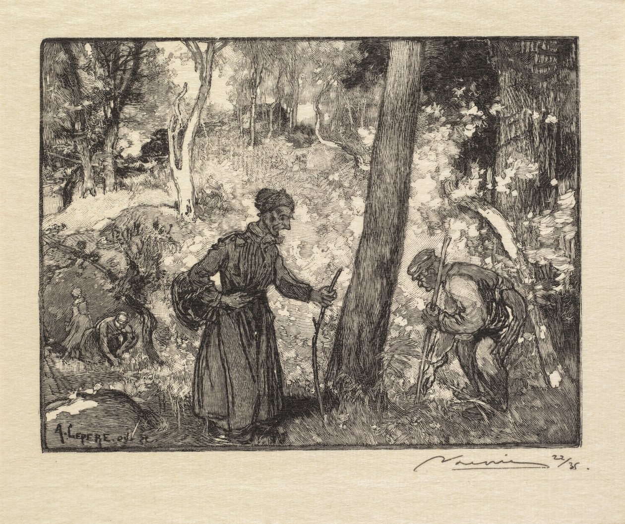 Fontainebleaun metsä: sienenmetsästäjät Rocher Bernardissa tekijältä Auguste Louis Lepère