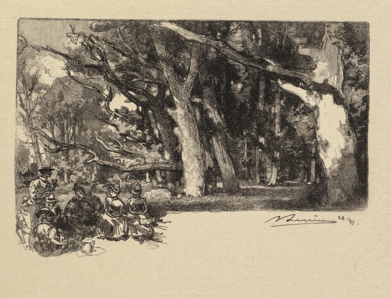 Fontainebleaun metsä: Keskipäivä puiden alla La Forêt de Fontainebleau: Midi sous bois, 1890. tekijältä Auguste Louis Lepère