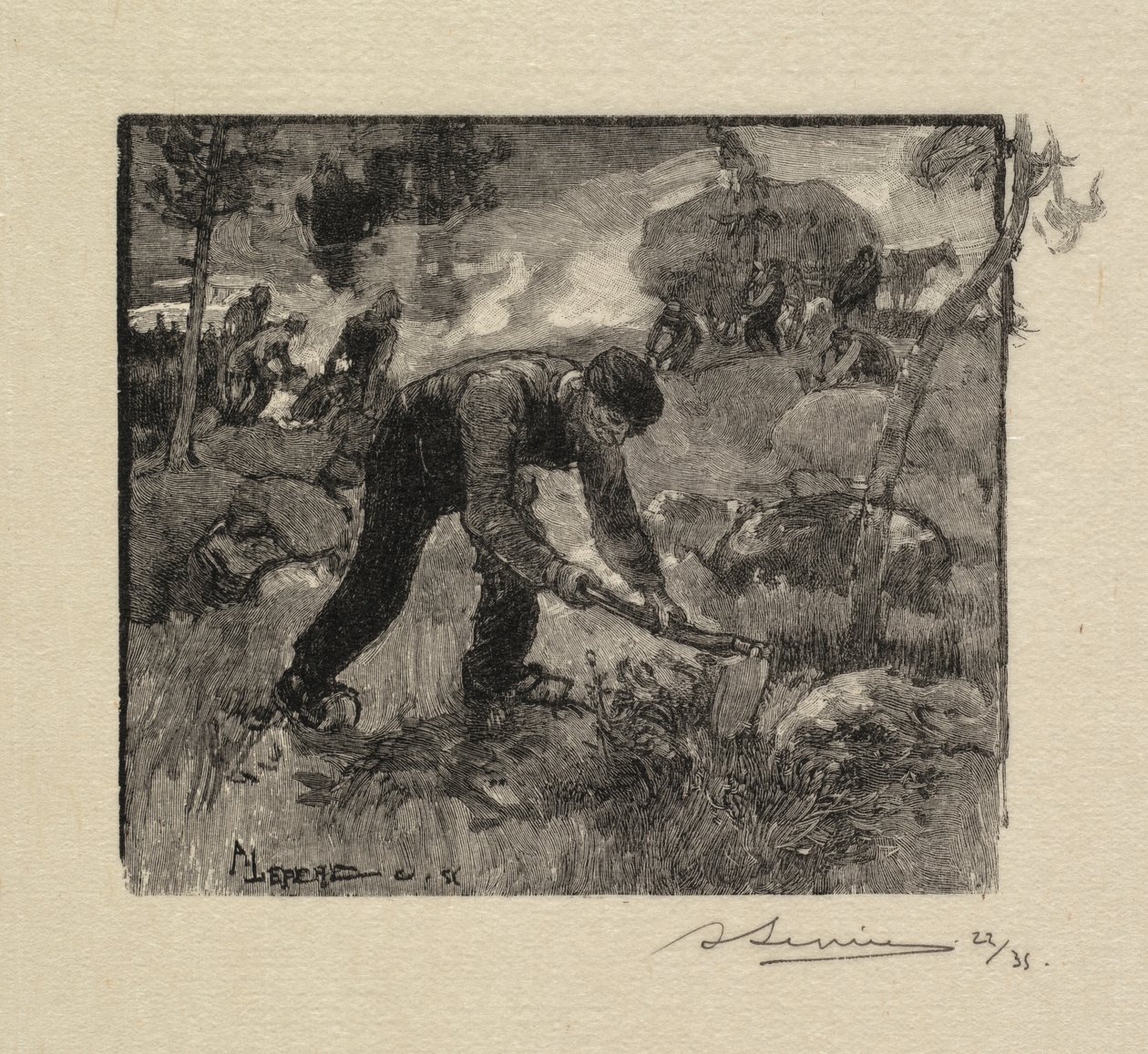 Fontainebleaun metsä: Kannerin vetäminen La Forêt de Fontainebleau: Arracheurs de Bruyères, 1890. tekijältä Auguste Louis Lepère