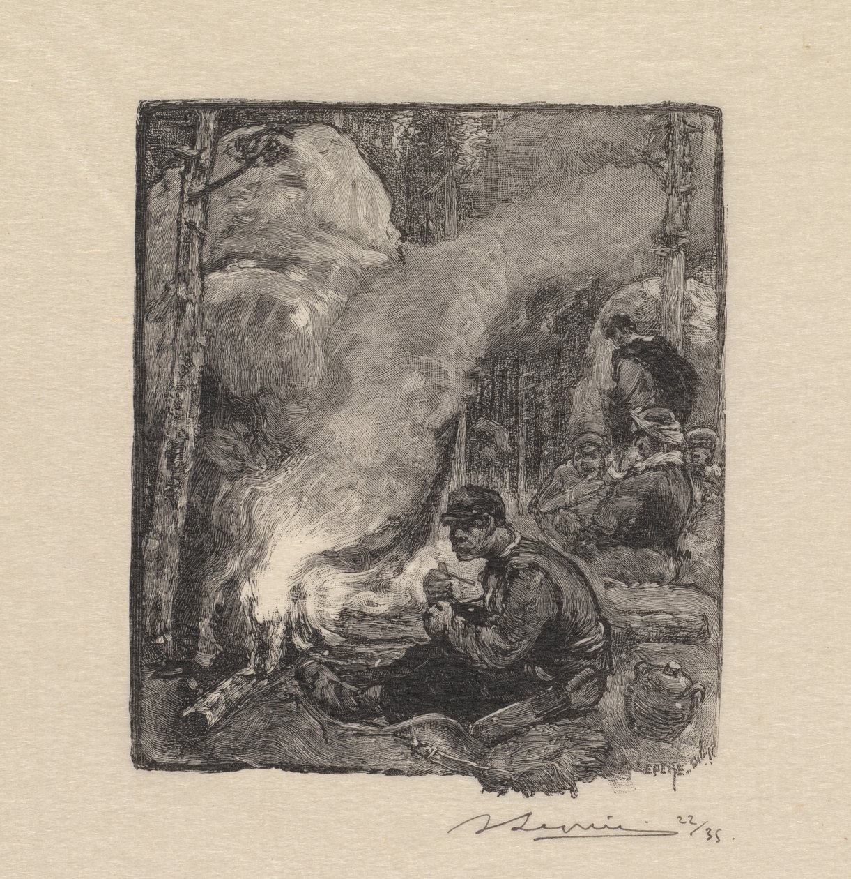 Fontainebleaun metsä: Puunhakijoiden ateria Fontainebleaun metsä: Metsäkärkien ateria, 1890. tekijältä Auguste Louis Lepère