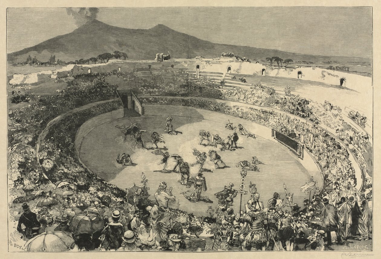 Italia. Pompejin festivaali, Gladiaattorien sirkus, 1884. tekijältä Auguste Louis Lepère