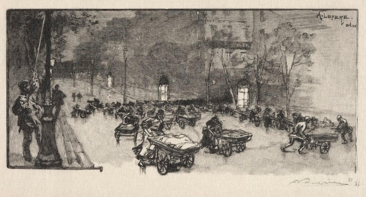 Boulevard, Faubourg Montmartren kulmassa, 1890. tekijältä Auguste Louis Lepère