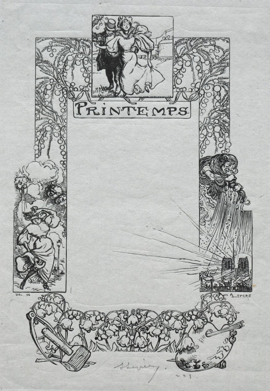 Pariisin almanakka, 1897: Koristeellinen reuna, kevät, 1897. tekijältä Auguste Louis Lepère