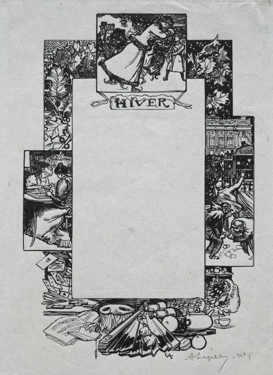 Pariisin almanakka, 1897: Koristeellinen reunus, talvi, 1897. tekijältä Auguste Louis Lepère