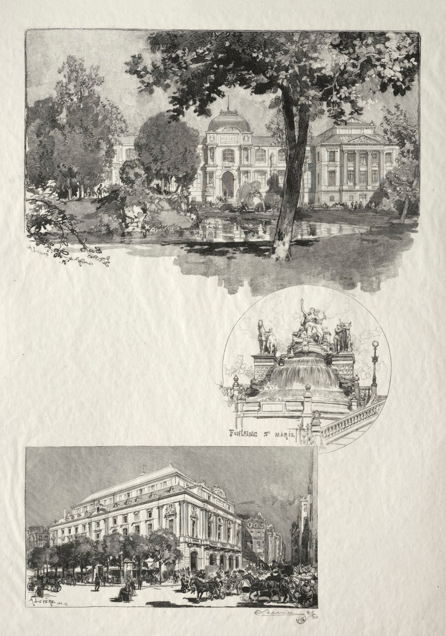 Kuvitettu Rouen: Museo, Fontaine St. Marie, Theatre of Arts, 1896. tekijältä Auguste Louis Lepère