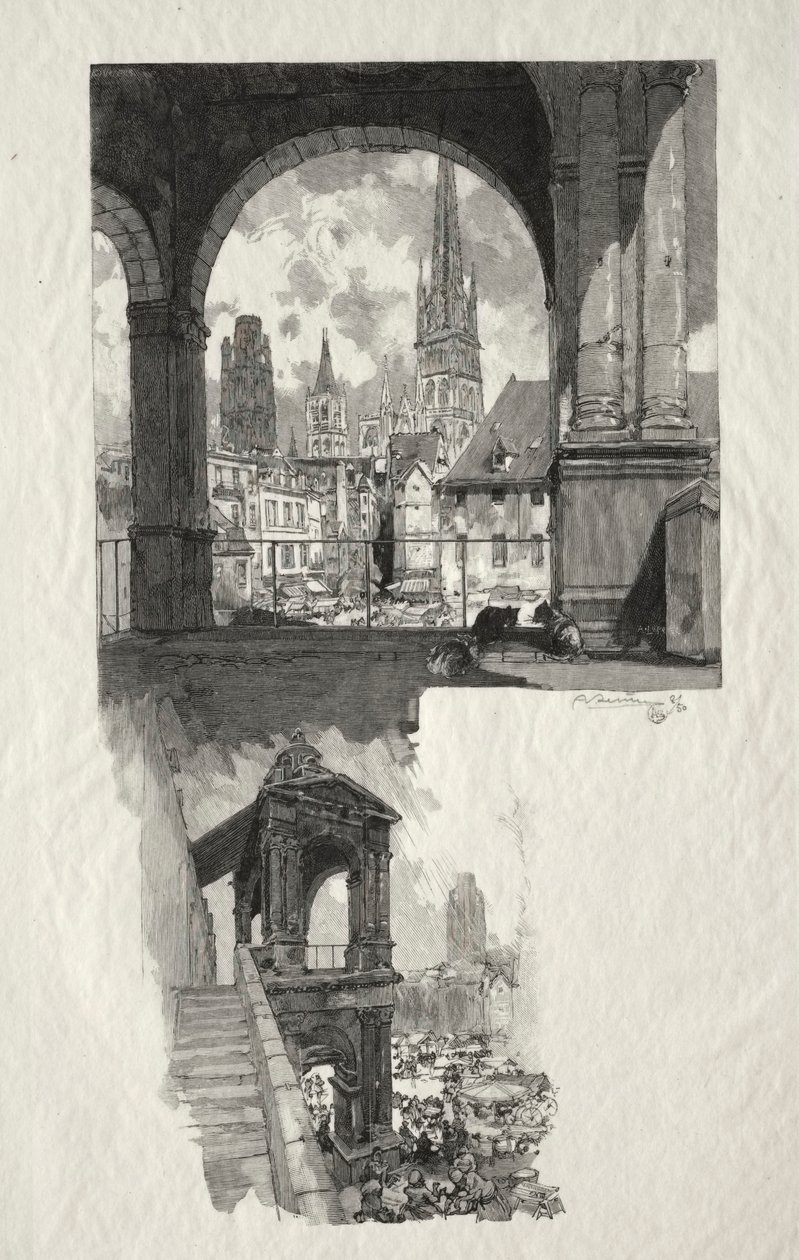 Kuvitettu Rouen: Place de la Haute Vieille Tour; Aedicule of Pride tekijältä Auguste Louis Lepère