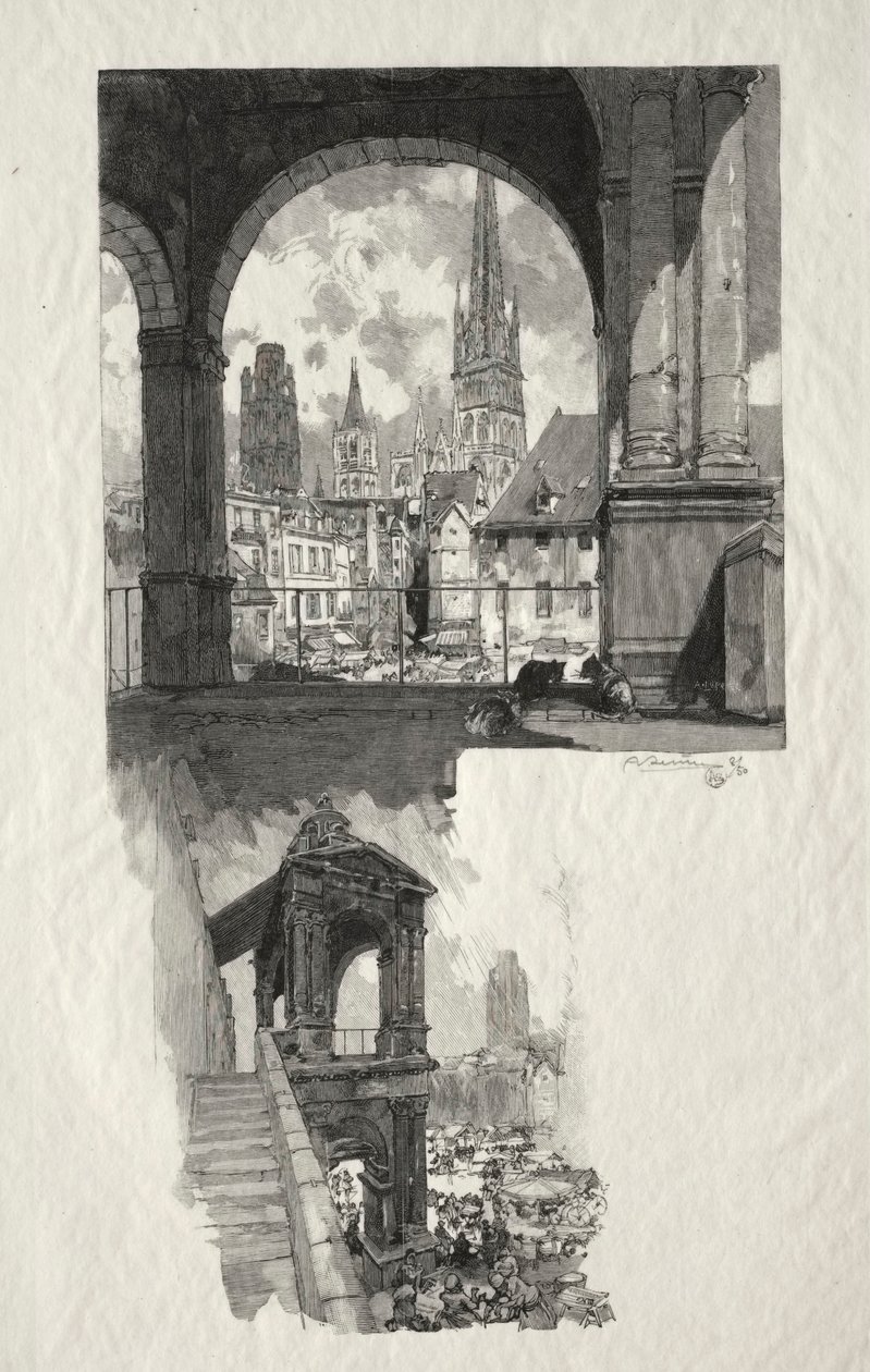 Kuvitettu Rouen: Place de la Haute Vieille Tour, Edicule de la Fierte, 1896. tekijältä Auguste Louis Lepère