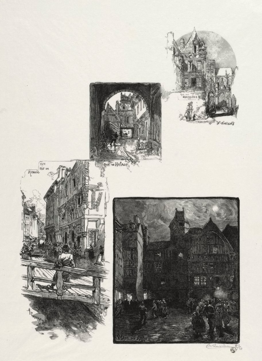 Kuvitettu Rouen: Rue des Charretes; Halage Street; Rue Eau de Robec; Taiteen aukio tekijältä Auguste Louis Lepère