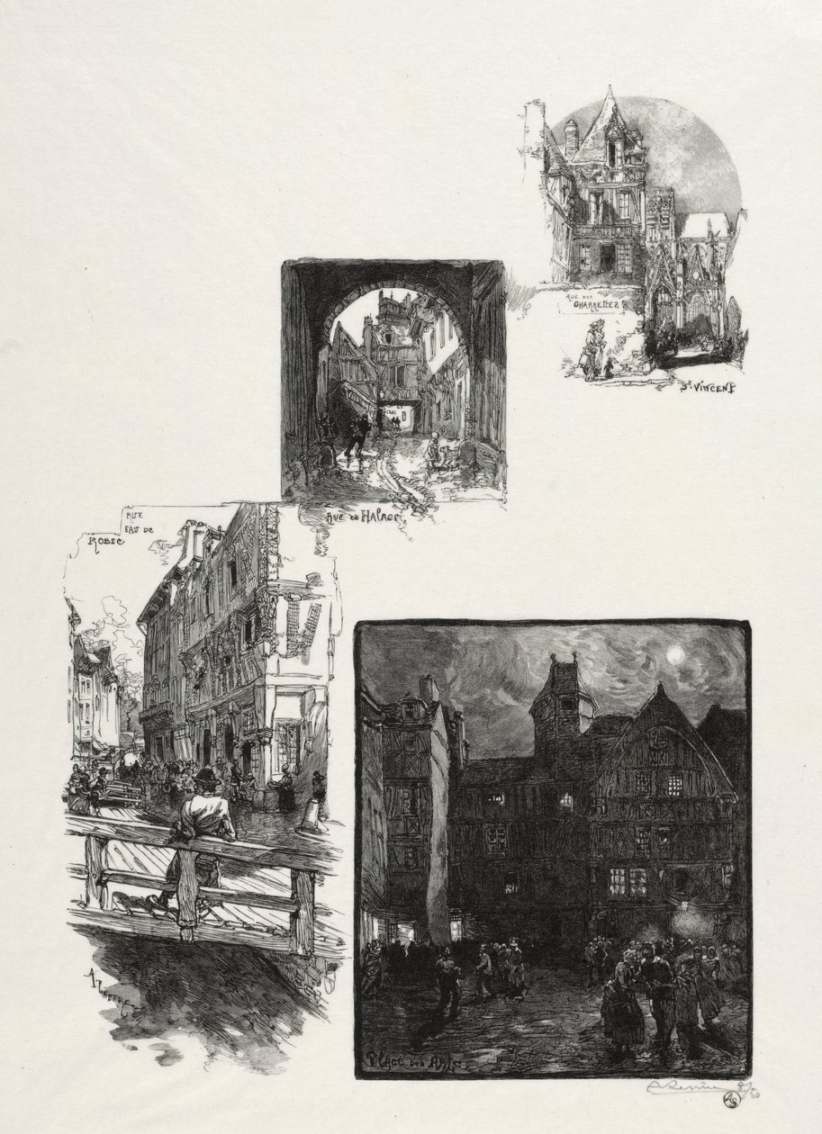 Kuvitettu Rouen: Rue des Charretes, Rue de Halage, Rue Eau de Robec, Place des Arts, 1896. tekijältä Auguste Louis Lepère