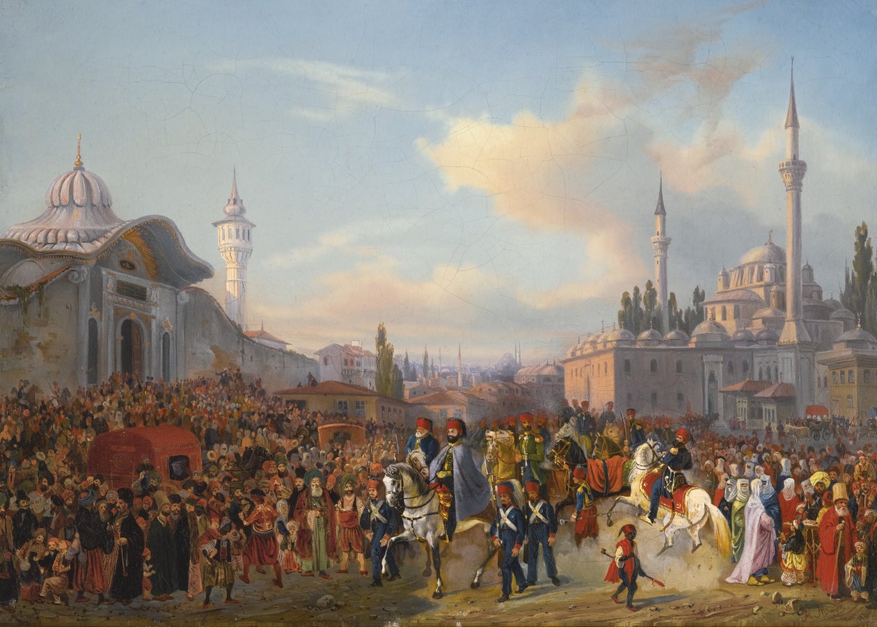 Sulttaani Mahmud II poistumassa Bayezid-moskeijasta, Konstantinopoli, 1837 tekijältä Auguste Etienne Francois Mayer