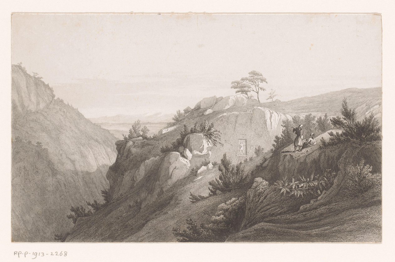 Vuoristomaisema, jossa kallioon kaiverrettu hahmo tekijältä Auguste Numans (attributed to)