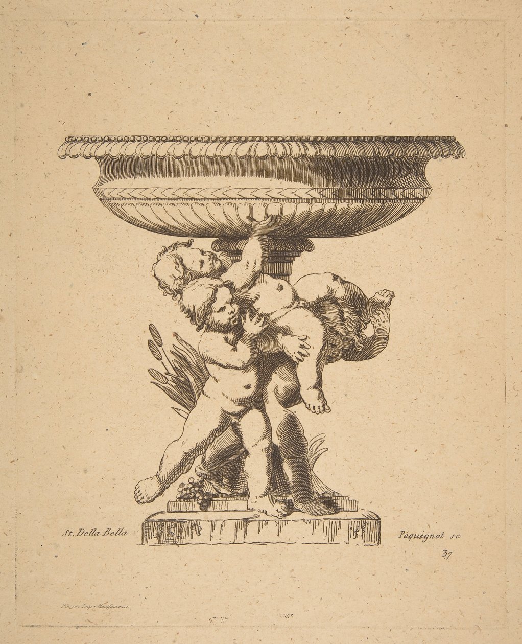 Koristekuvio kolmesta lapsesta, jotka pitelevät suihkulähdettä, 1800-luku. tekijältä Auguste Pequegnot