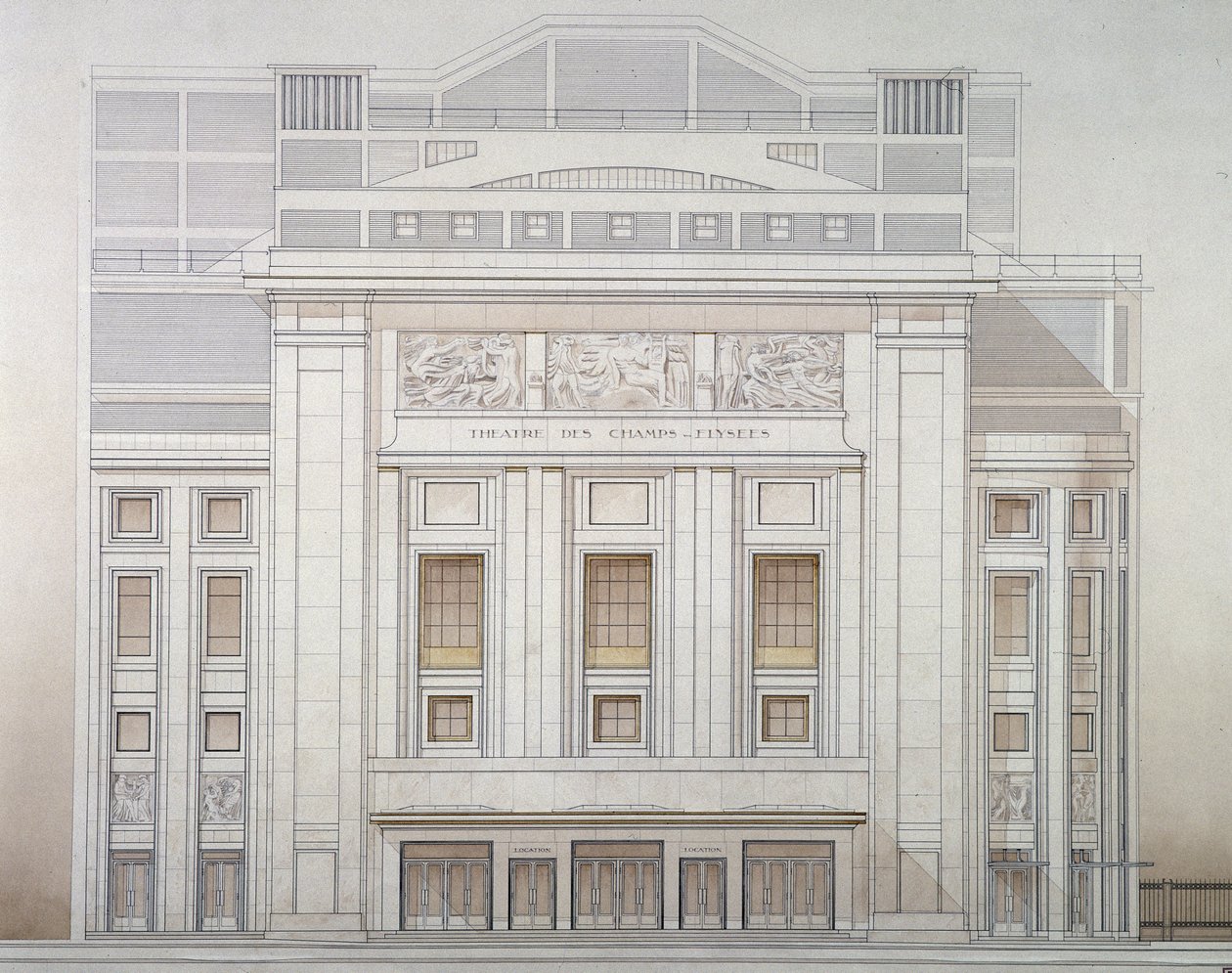 Theatre des Champs-Elysees: julkisivu - Perretin projekti tekijältä Auguste Perret