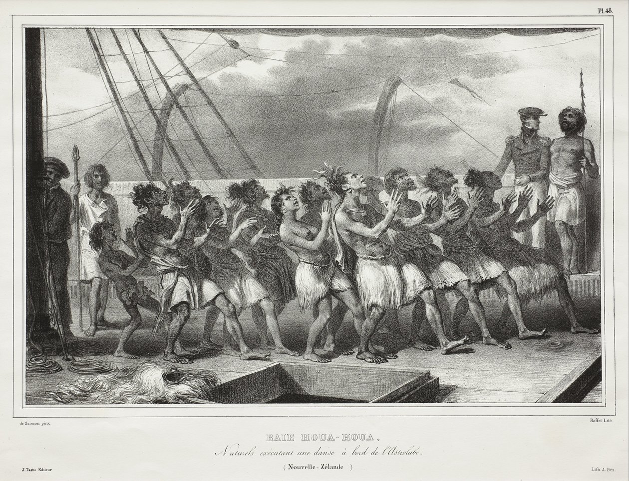 Houa-Houa-lahti, alkuperäiskansan jäsenet esittävät tanssia Astrolabe-aluksella (Uusi-Seelanti), [Uawa/Tolaga Bay, Natives Performing a Haka on Board the Astrolabe (New Zealand)] tekijältä Auguste Raffet