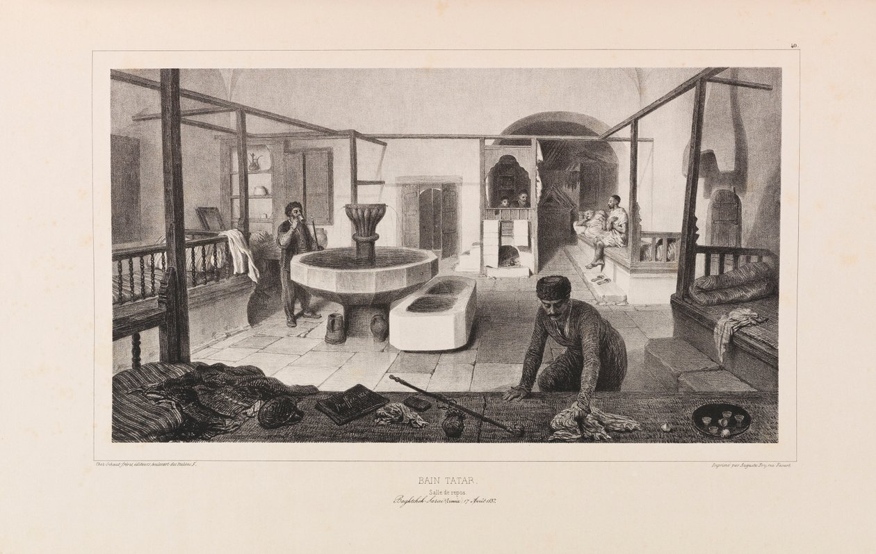 Tatari kylpy, lepohuone. Anatole de Demidoffin teoksesta Voyage dans la Russie, 1837. tekijältä Auguste Raffet