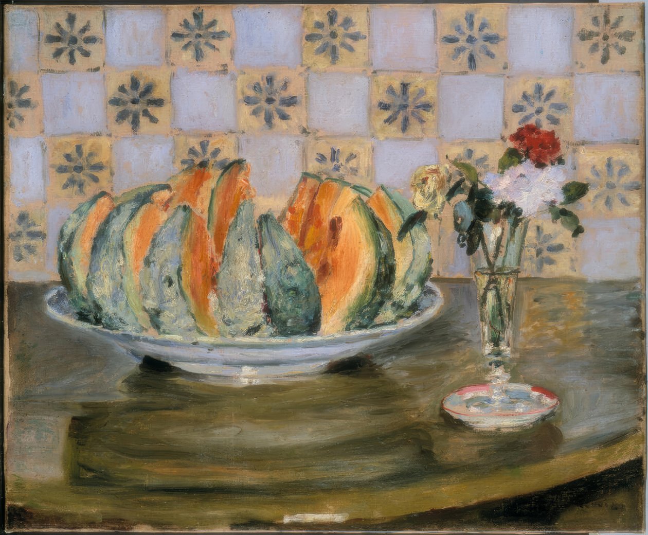 Asetelma melonin ja kukkamaljakon kanssa tekijältä Auguste Renoir
